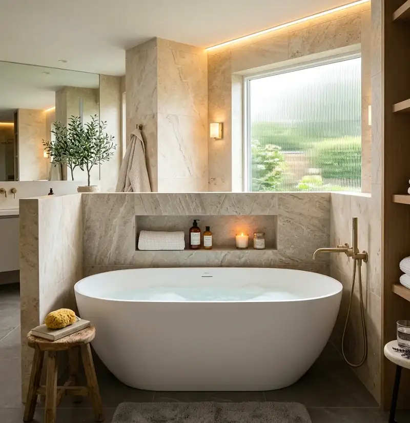 Finished master suite wet room with freestanding soaking tub in Elk Plain WA