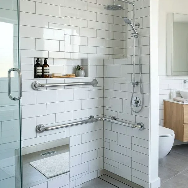 Finished barrier-free curbless walk-in shower with safety grab bars in Lakewood WA