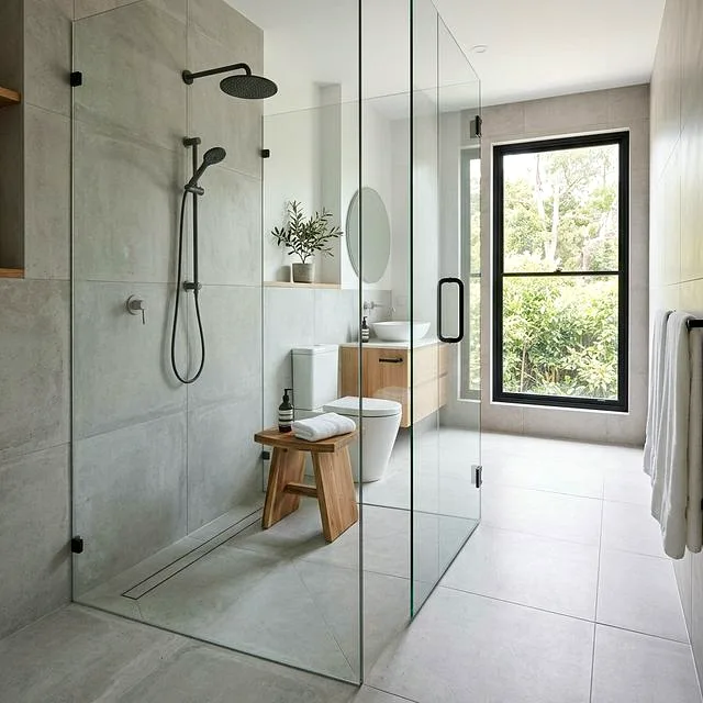 Finished walk-in tile shower with non-slip mosaic floor in Parkland WA