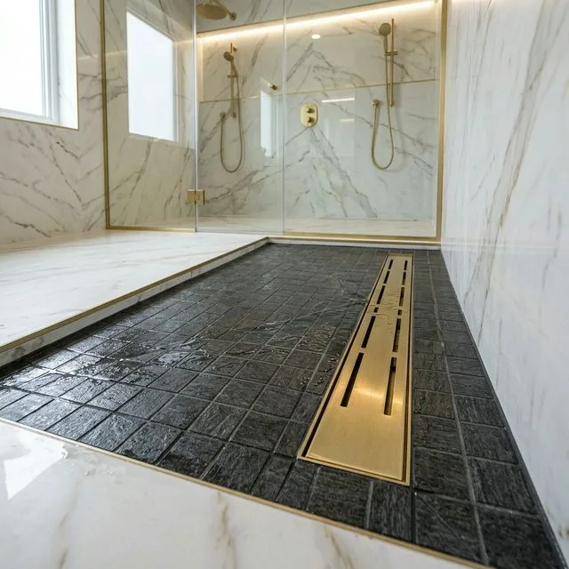 Sleek gold drain shower pan design