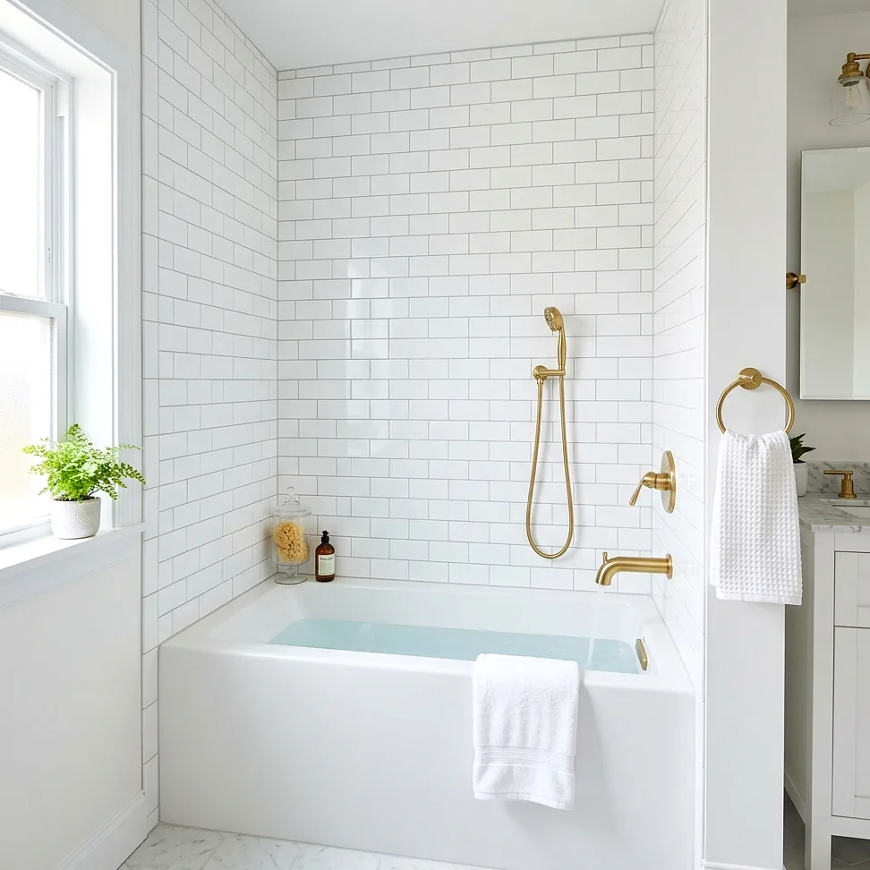Acrylic Soaking Tub and Floor Mounted Tub Filler Faucet