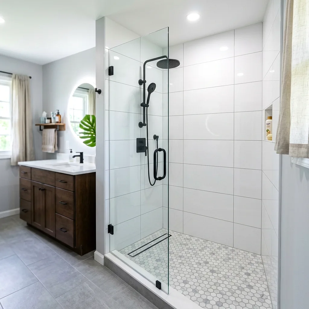 Finished curbless tile walk-in shower remodel in Sumner WA