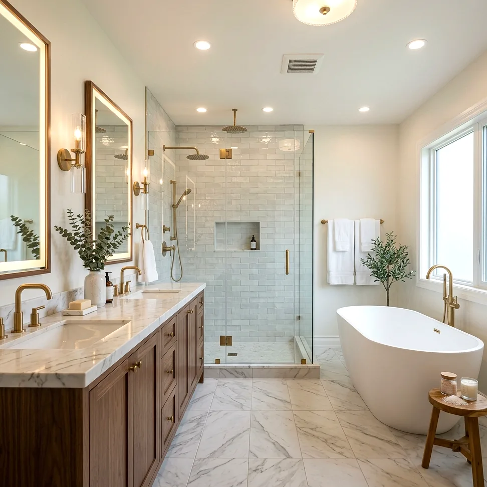 Finished master bathroom renovation with double vanity and custom tile in Tacoma WA