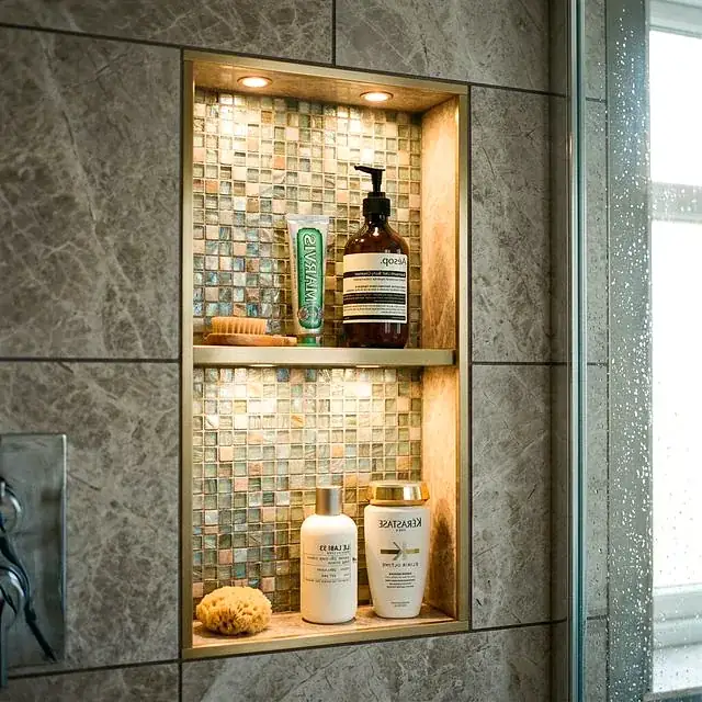 Custom Porcelain Wall Tile and Recessed Storage Niche