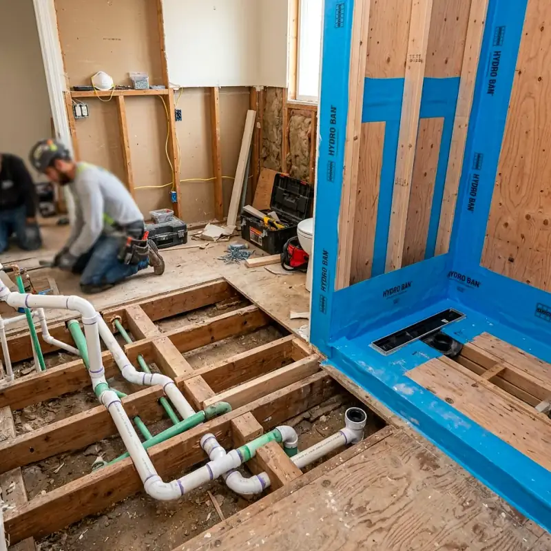 Remodeling Plumbing Relocation and Waterproofing Membrane Prep
